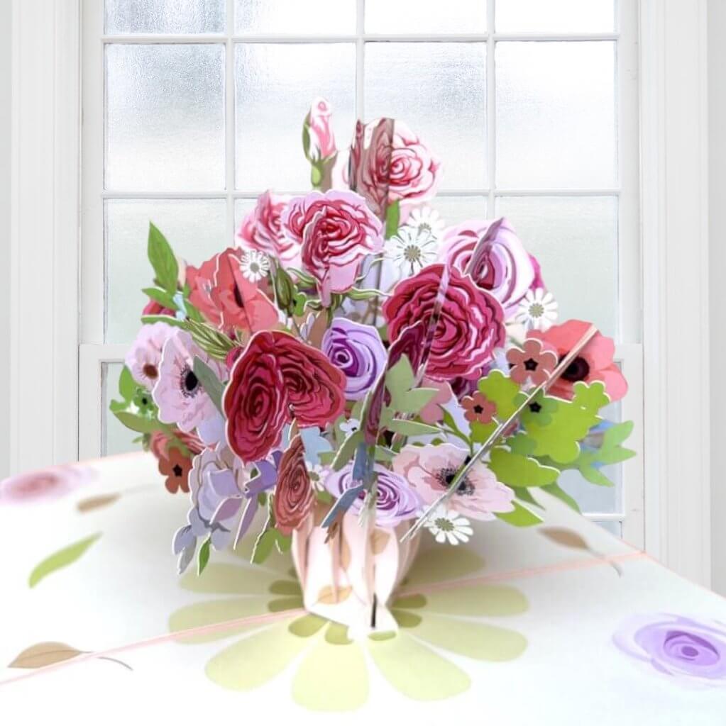Handmade Baby Pink Rose Bouquet in Vase 3D Pop Up Card