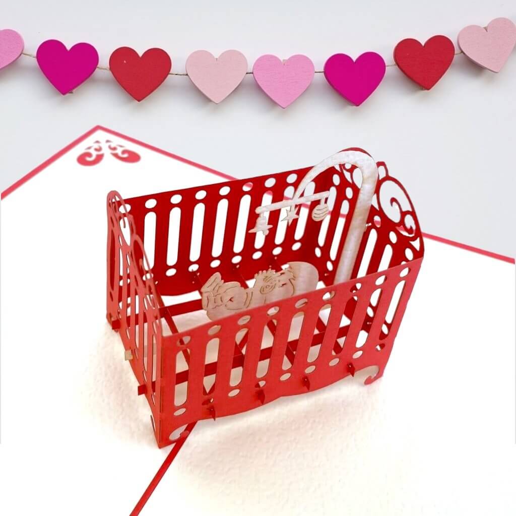 Handmade Baby Sleeping in Red Cot 3D Pop Up Greeting Card