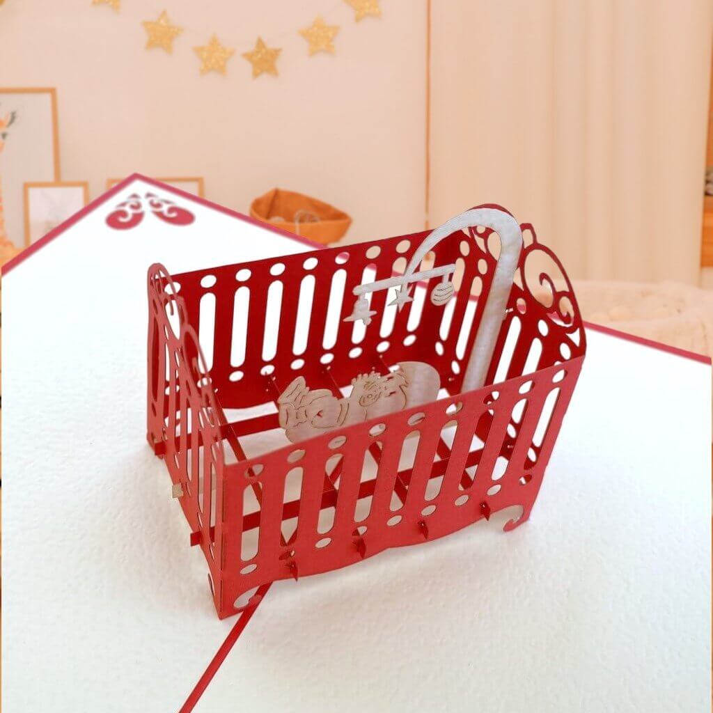 Baby Sleeping in Red Cot 3D Baby Shower Pop Up Card - Small