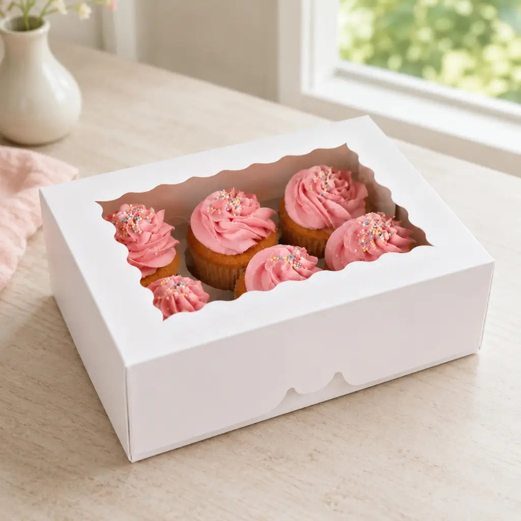 Cake Craft white 6 hole cupcake box with clear display window.