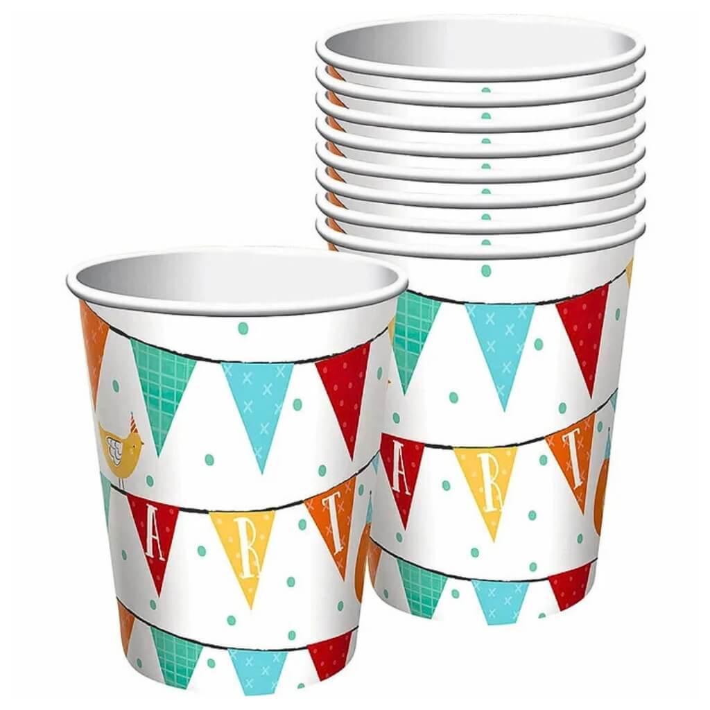 Barnyard Birthday Paper Cups with farm animals and colourful bunting – 8 Pack