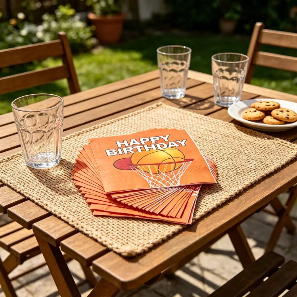 Basketball hoop and net birthday napkins for a sports party table