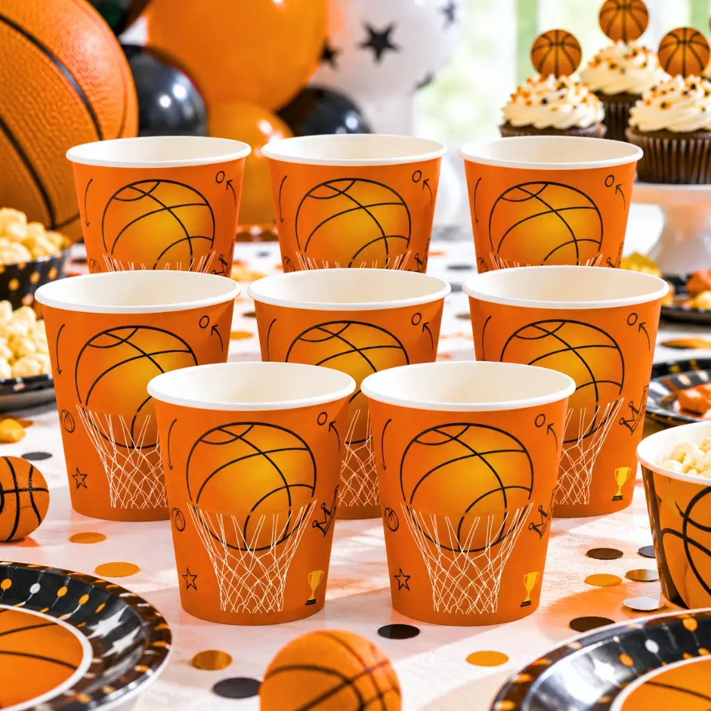 Basketball paper cups 266ml 8 pack with hoop and net design