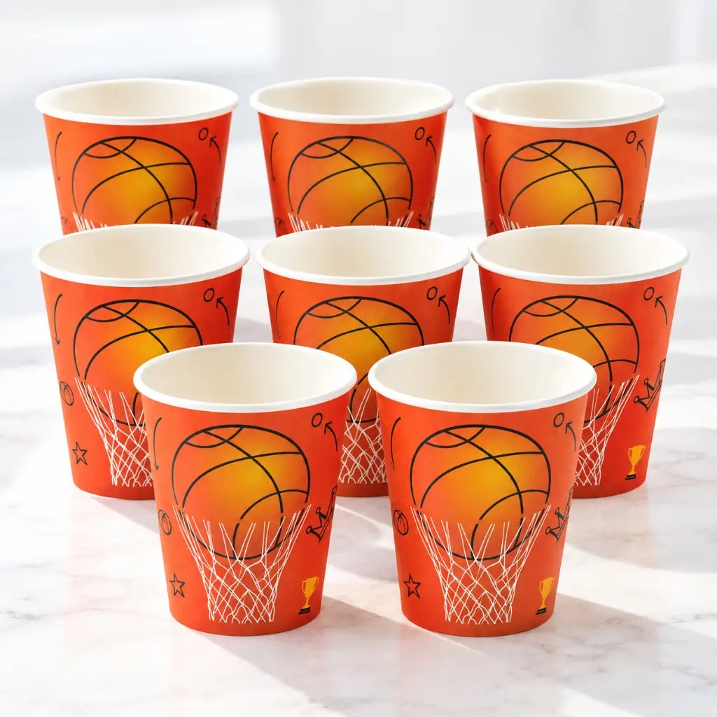 Basketball paper cups 266ml 8 pack with hoop and net design