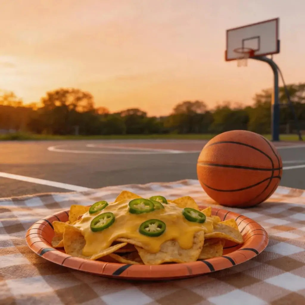 Orange and black paper plates for a basketball-themed birthday party
