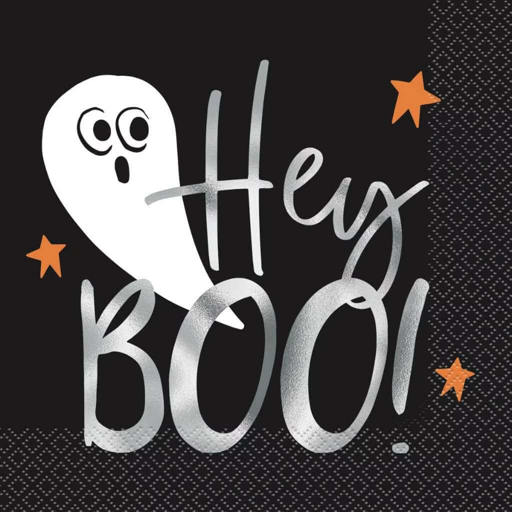 Halloween-themed design with a ghost and 'Hey BOO!' text on a black background.