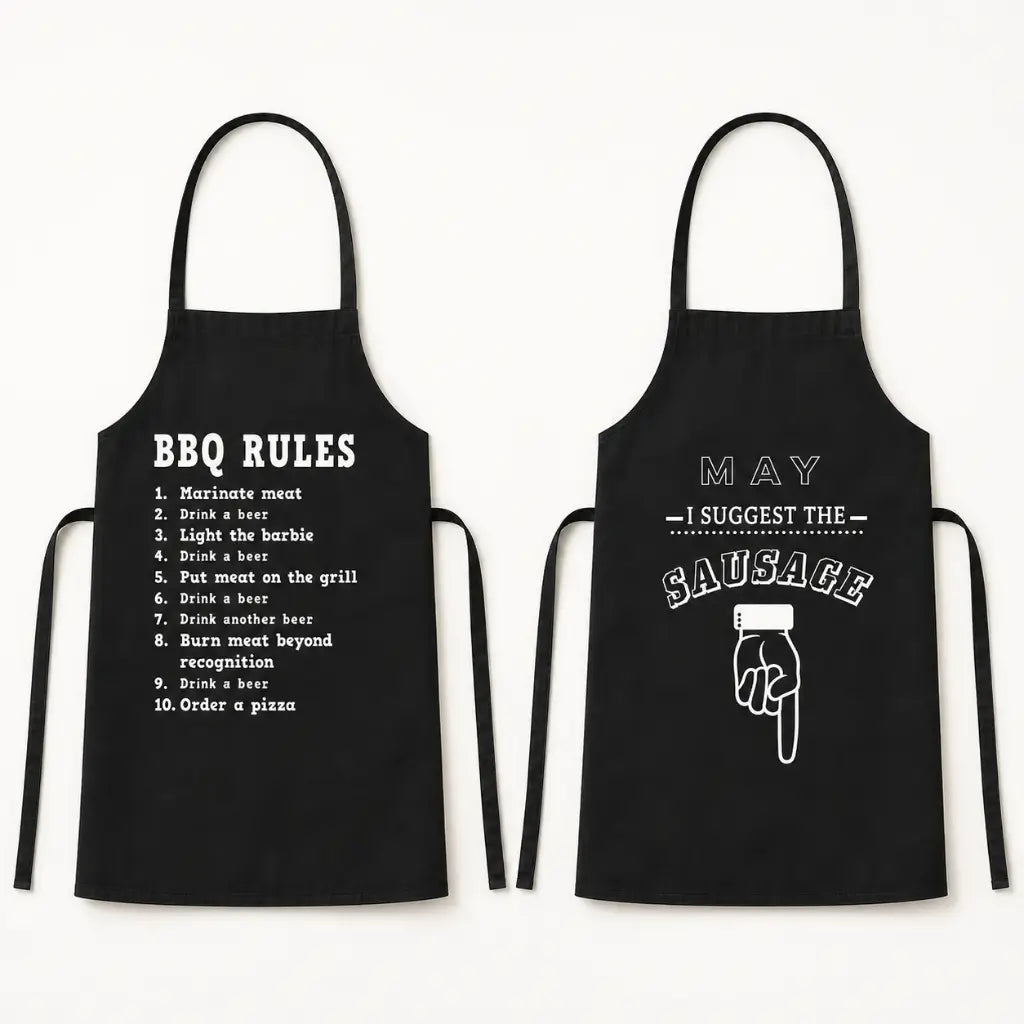 Funny black machine-washable polyester apron for backyard barbecues