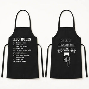 Funny black machine-washable polyester apron for backyard barbecues