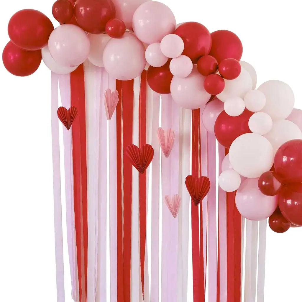 Pink & Red Balloon Arch Backdrop with Streamers & Paper Heart