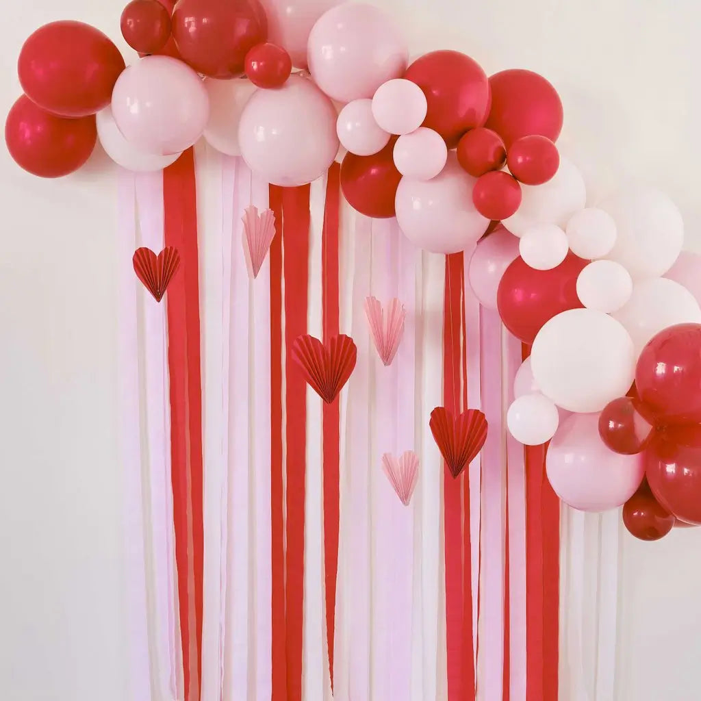 Pink & Red Balloon Arch Backdrop with Streamers & Paper Heart