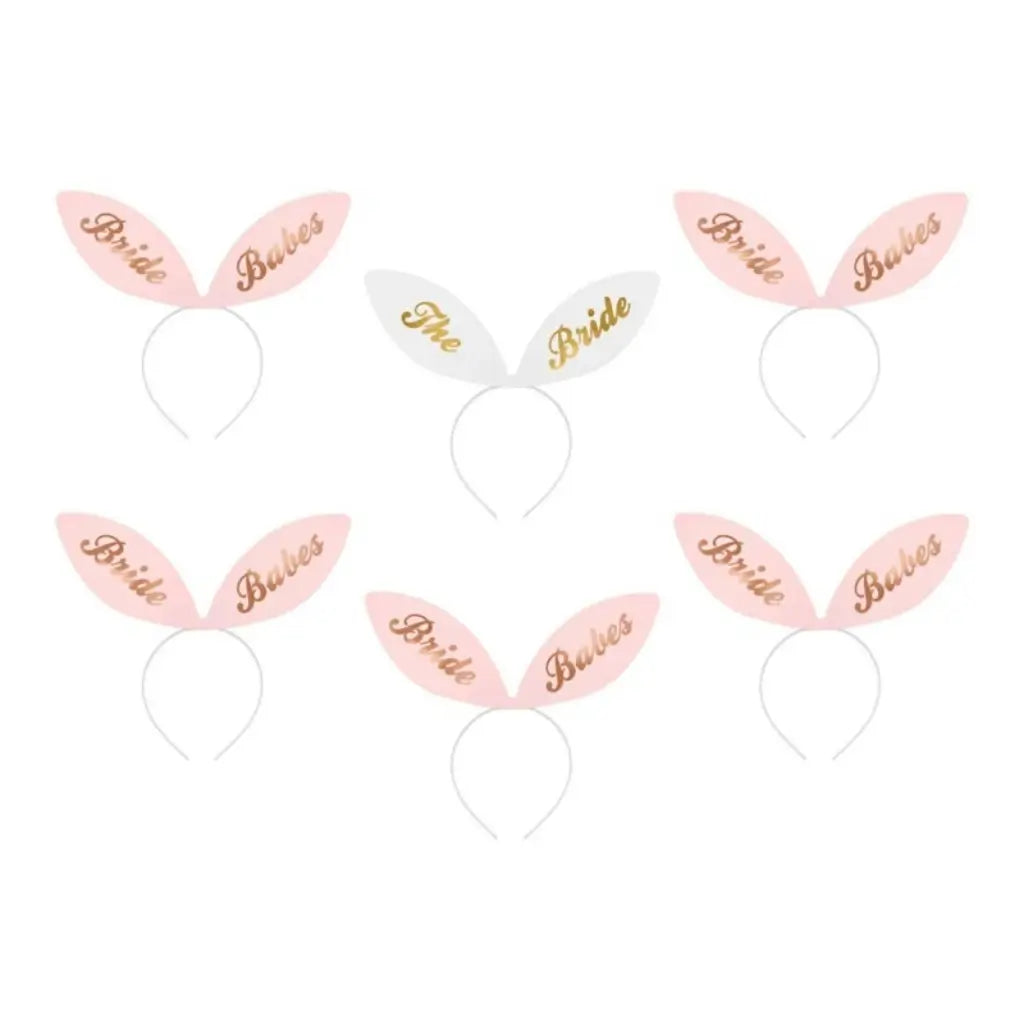 Five pink Bride Babes headbands and one white The Bride headband