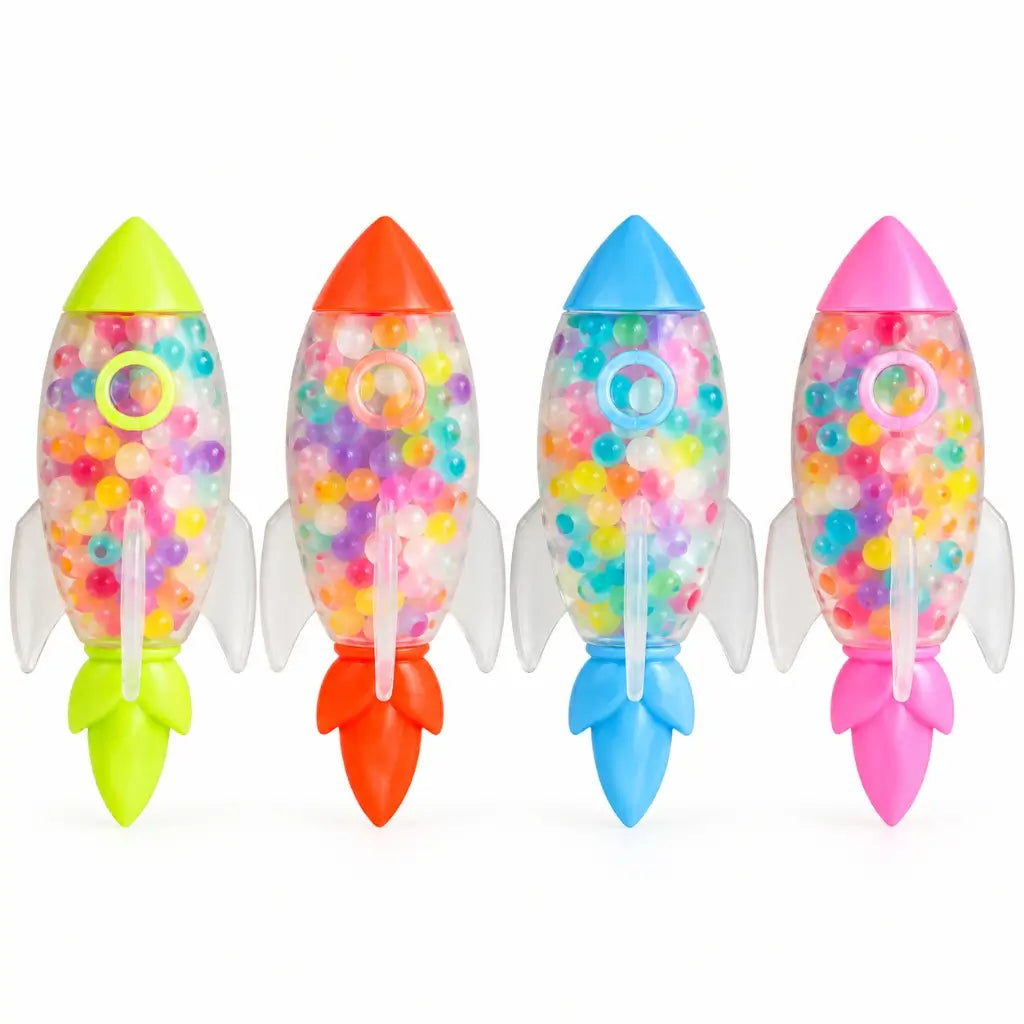 Four bead-filled squishy rocket toys in green orange blue and pink