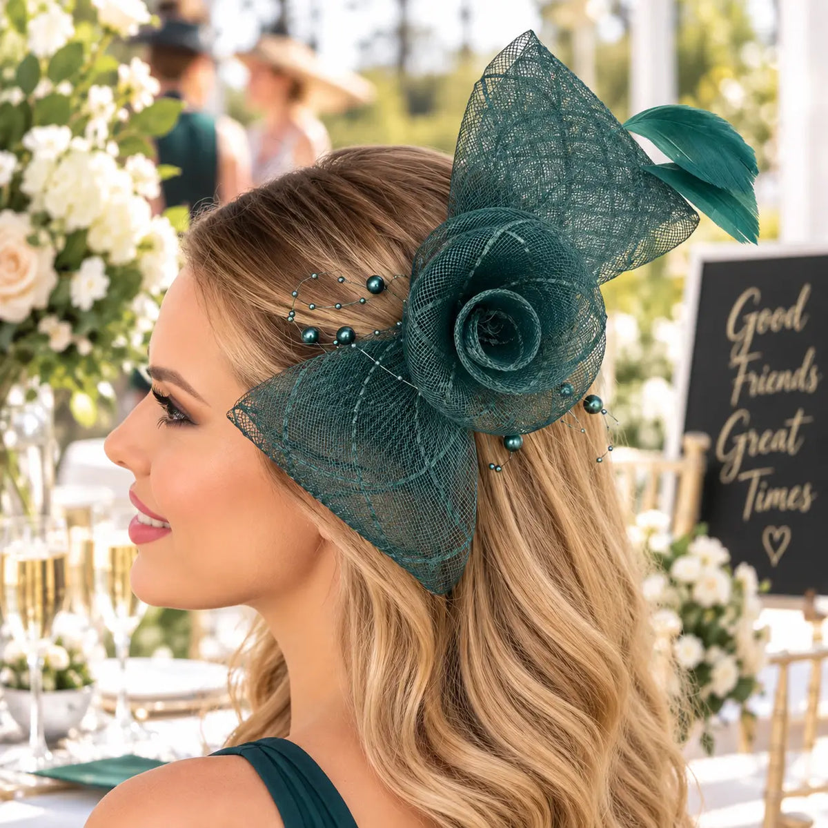 Bella green flower fascinator hair clip worn with loose waves