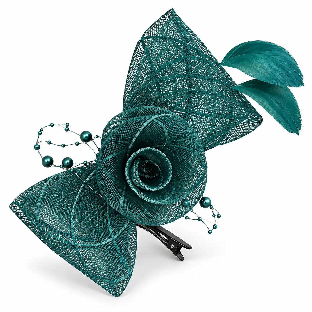  Green mesh flower fascinator decorated with beads and curved feathers