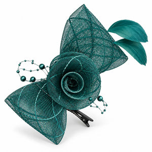  Green mesh flower fascinator decorated with beads and curved feathers