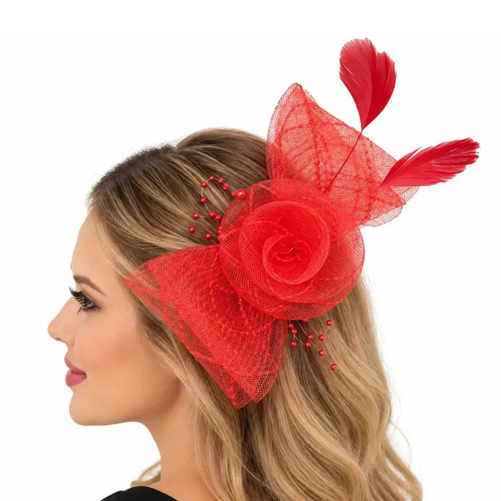  Elegant red wedding fascinator featuring a layered mesh flower