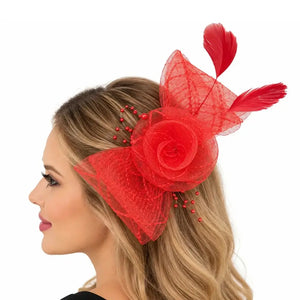  Elegant red wedding fascinator featuring a layered mesh flower