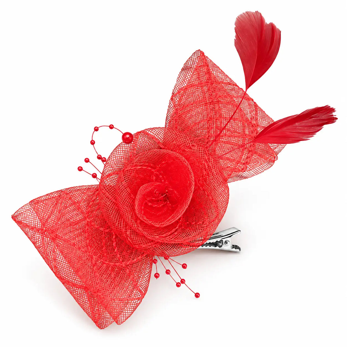 Bella red flower fascinator hair clip worn with loose waves