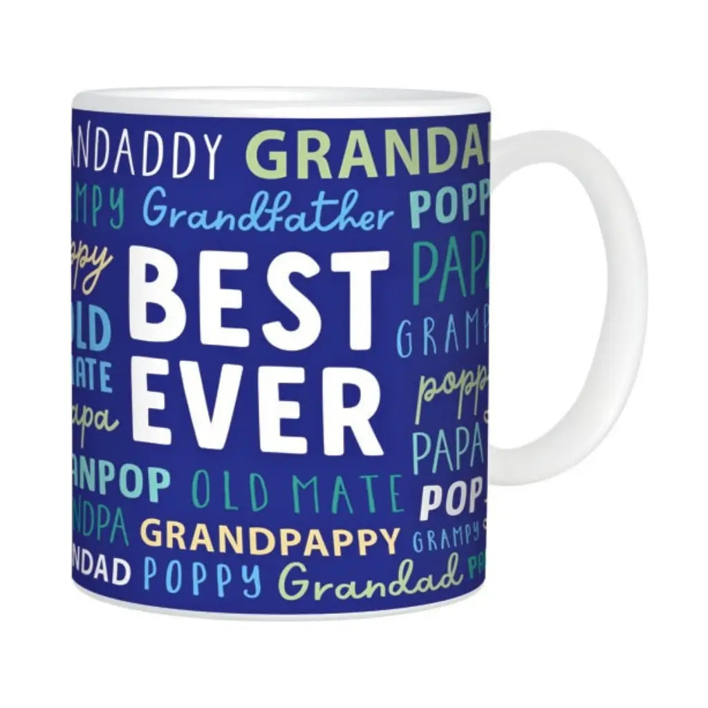 Best Ever Grandpa mug with colourful words on a blue background