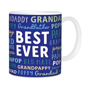 Best Ever Grandpa mug with colourful words on a blue background