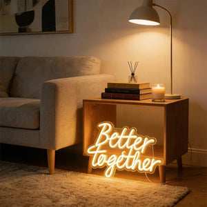 Better Together warm white LED neon light sign measuring 40cm x 31cm.