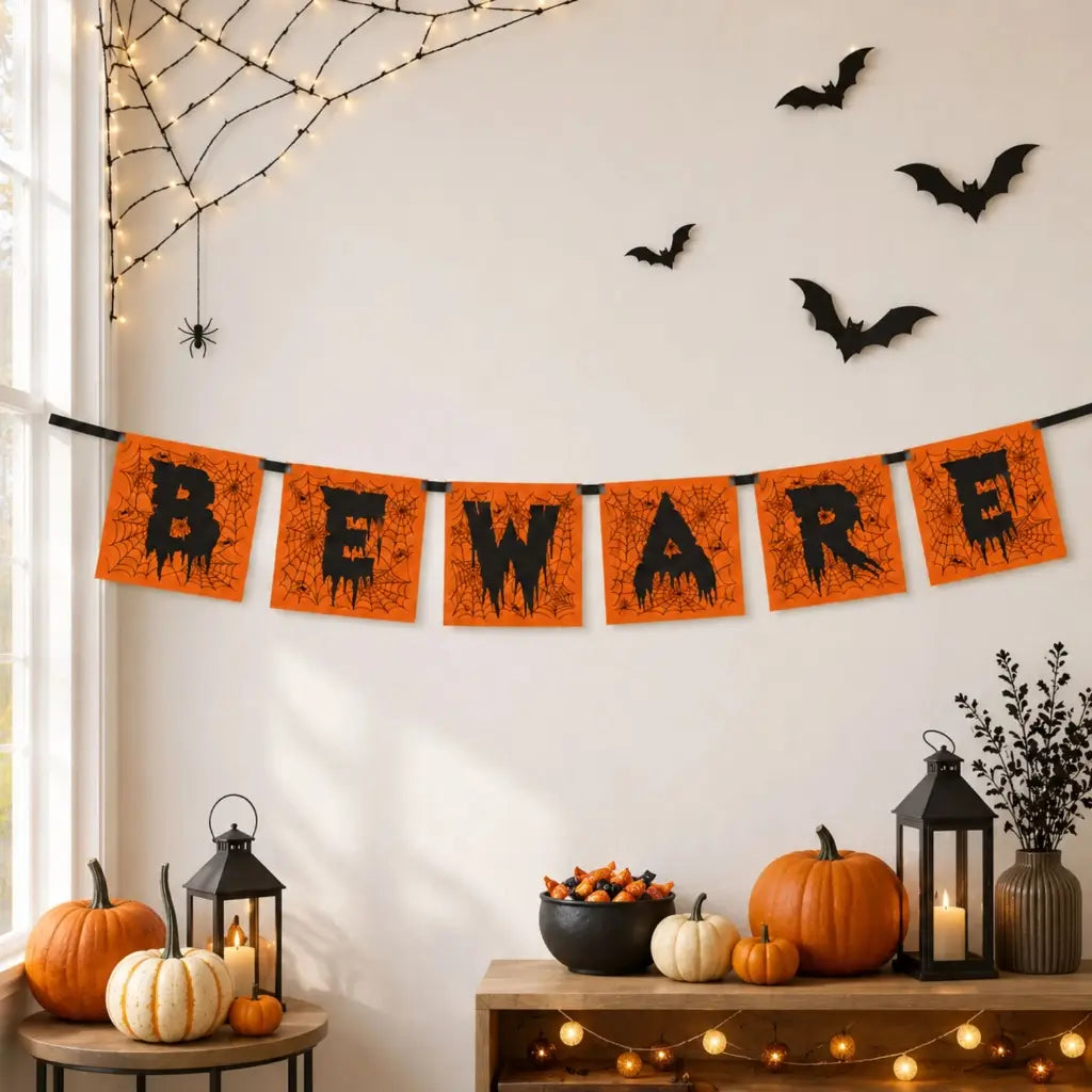 Beware Orange Spiderweb Halloween Block Banner 1m