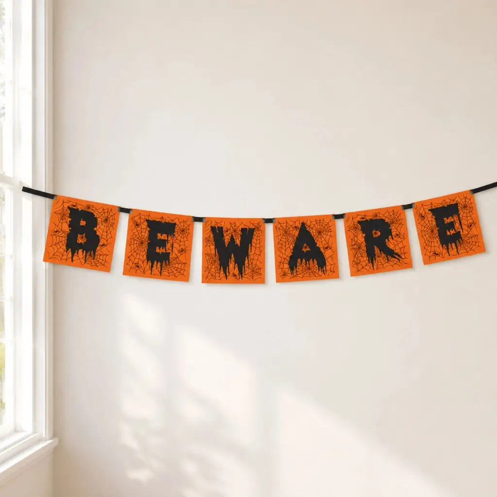 Beware Orange Spiderweb Halloween Block Banner 1m