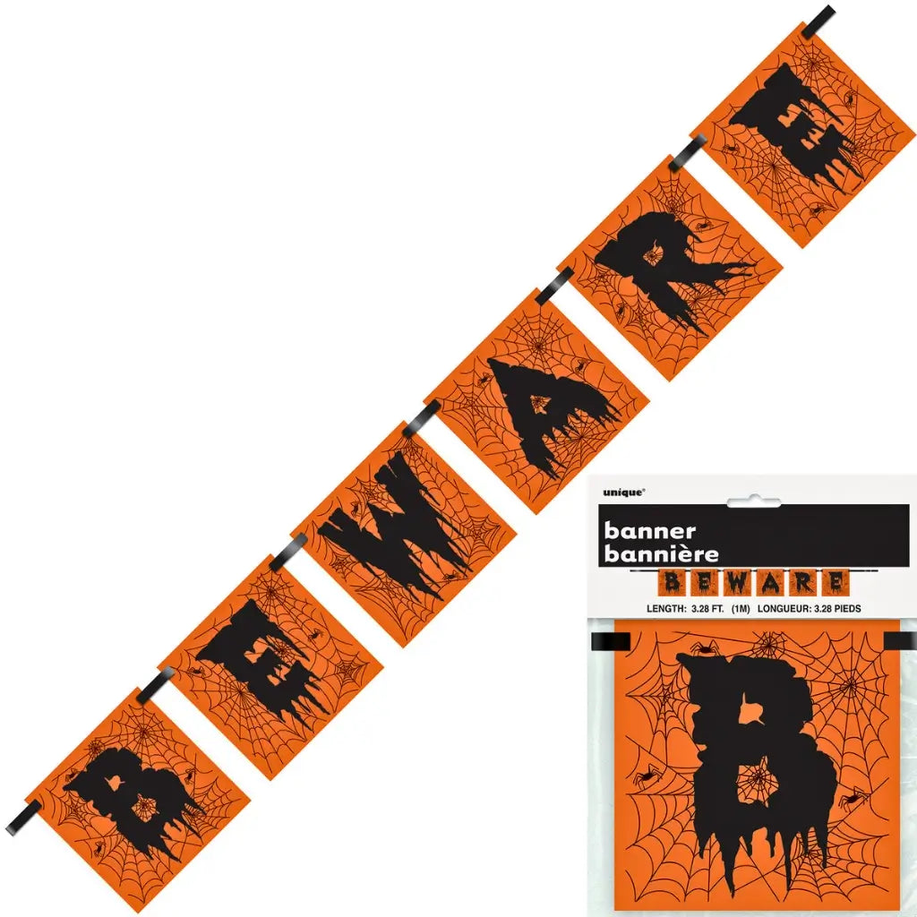 Orange and black Beware spiderweb Halloween block banner