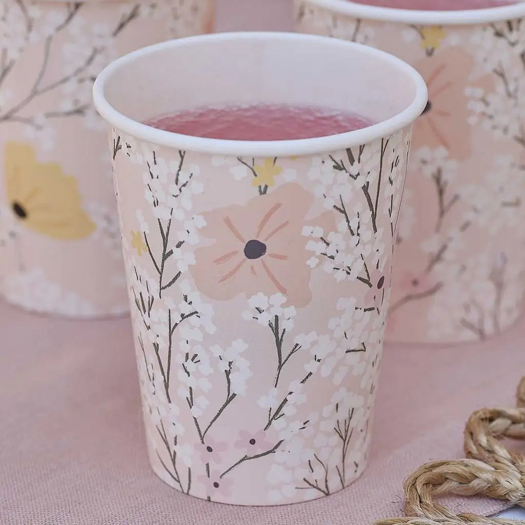 Birthday Bloom Pink Floral Paper Cups 8pk