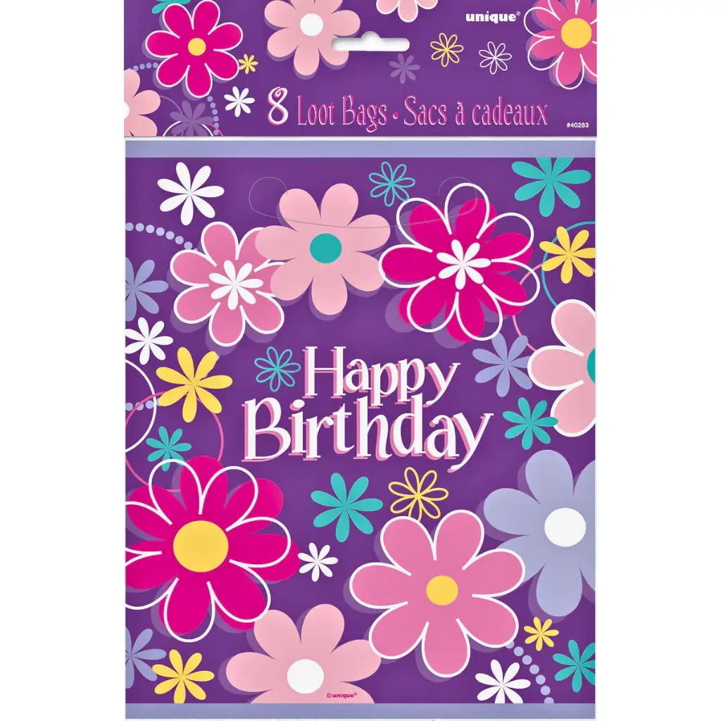 Floral Happy Birthday loot bags with colourful flowers