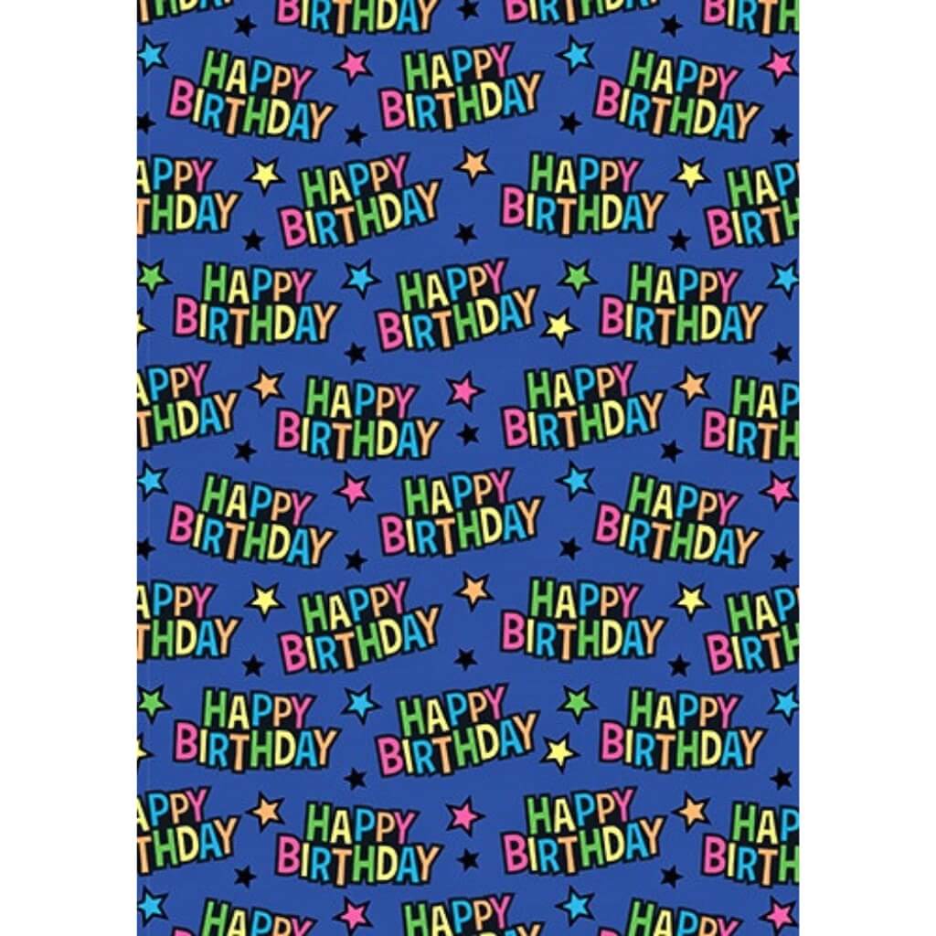 Birthday Neon folded gift wrap sheet with colourful Happy Birthday print.