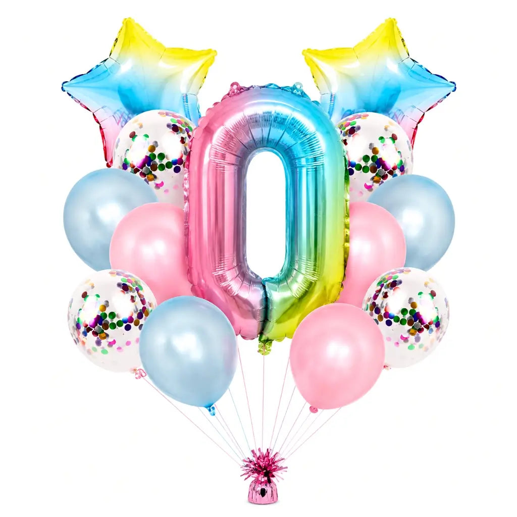 Iridescent Rainbow number 0 Birthday Foil Latex Balloon Bundle (15 balloons)