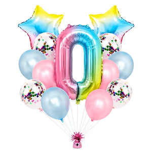Iridescent Rainbow number 0 Birthday Foil Latex Balloon Bundle (15 balloons)