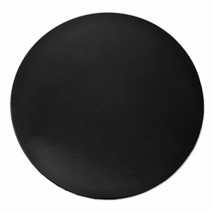 Top view of a plain black 10-inch round masonite cake board with smooth surface