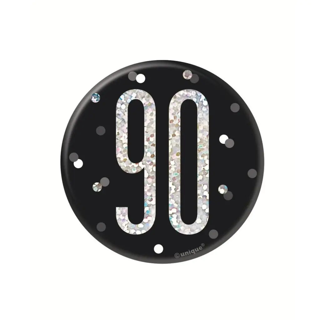 Black 90 birthday badge with silver glitter number for milestone celebrations