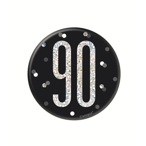 Black 90 birthday badge with silver glitter number for milestone celebrations