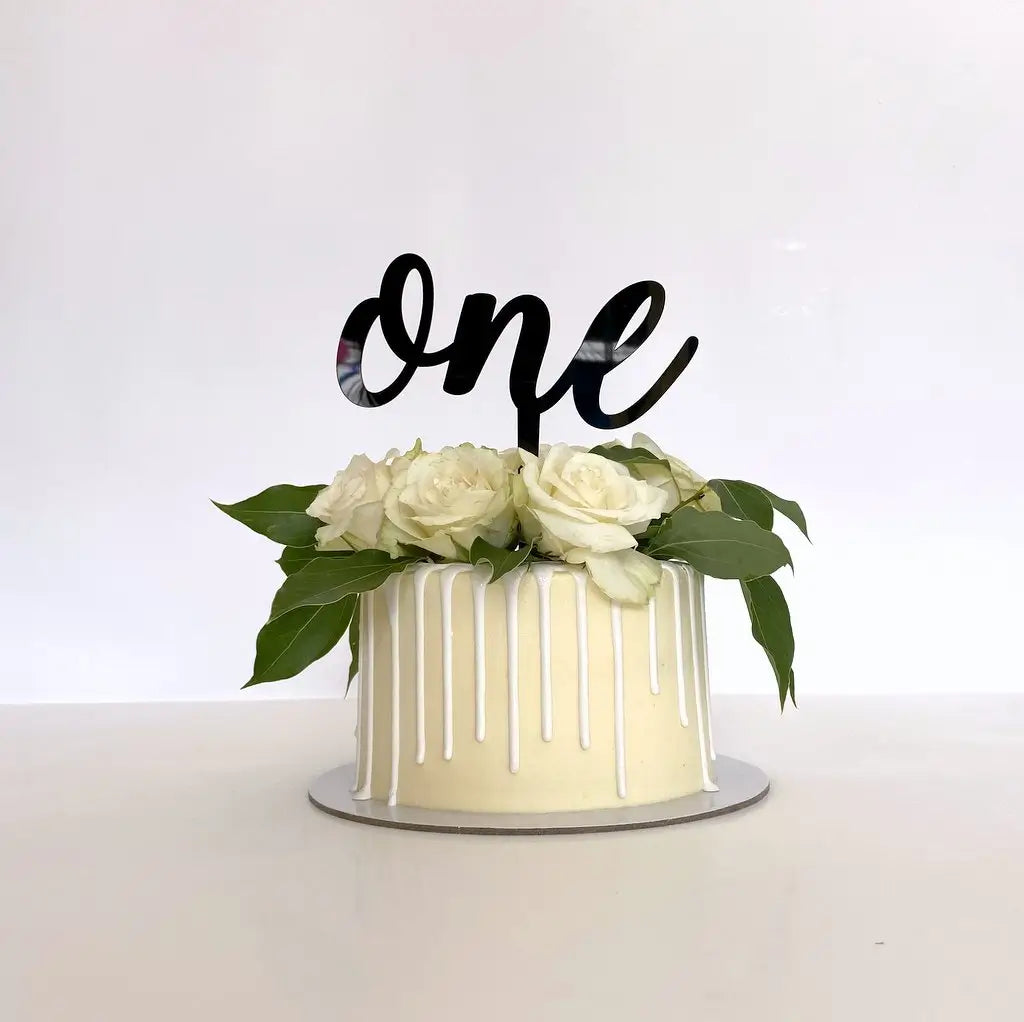 Black Acrylic One Script Happy 1st Birthday Cake Topper