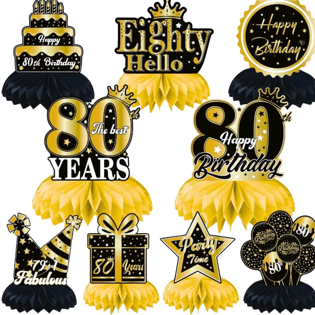 Black & Gold 80th Birthday Honeycomb Centrepieces 9pk