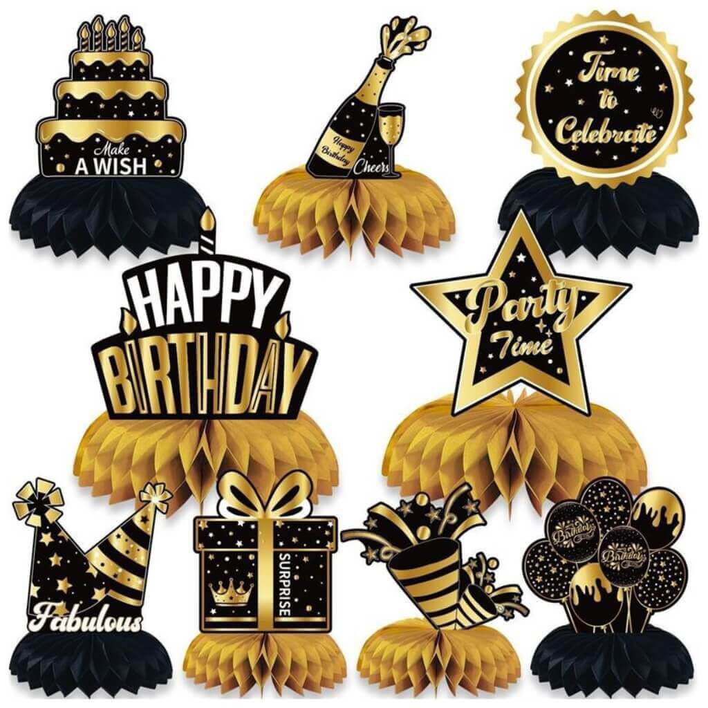 Black & Gold 'Happy Birthday' Honeycomb Centrepieces 9pk
