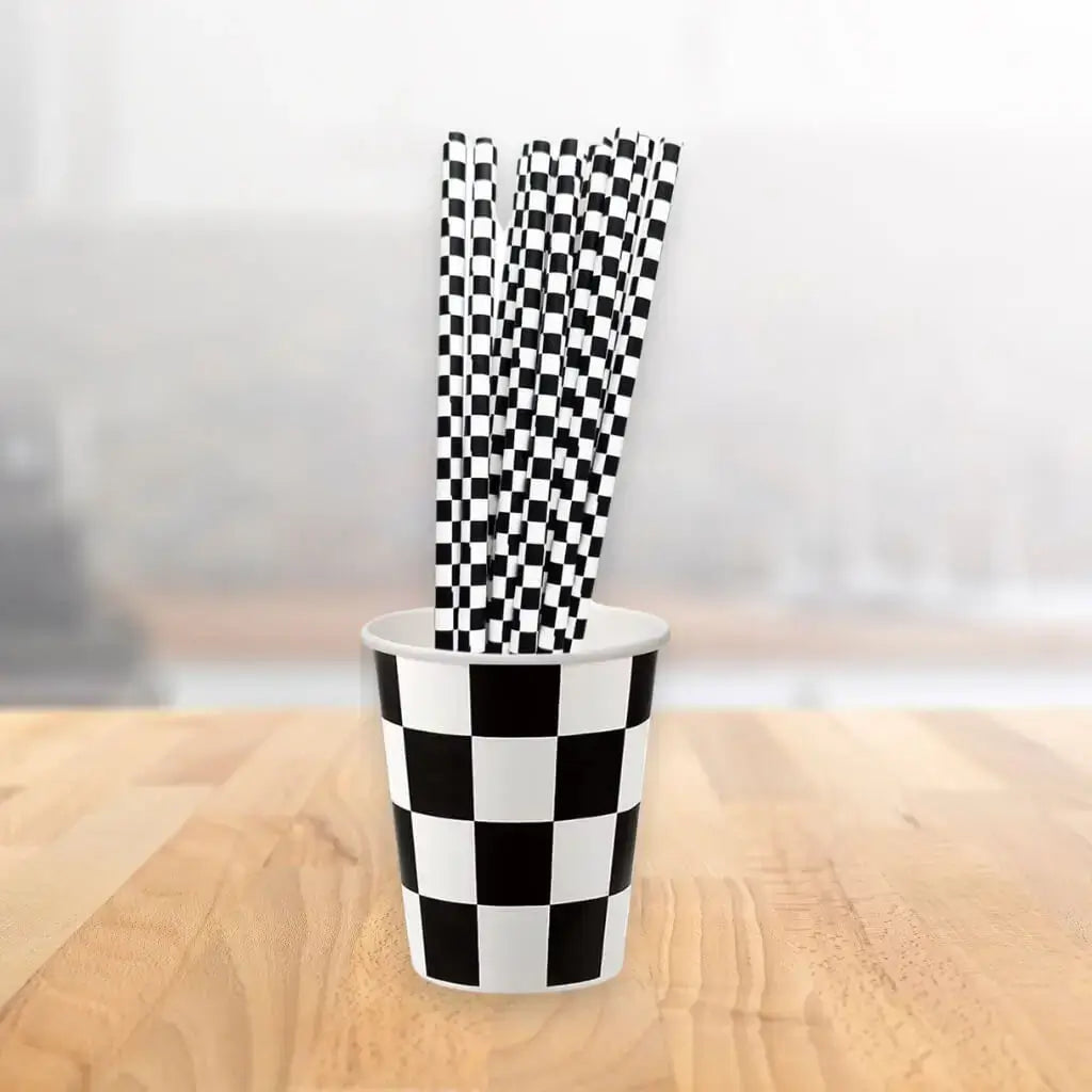Black & White Checkered Paper Drinking Straws 10pk