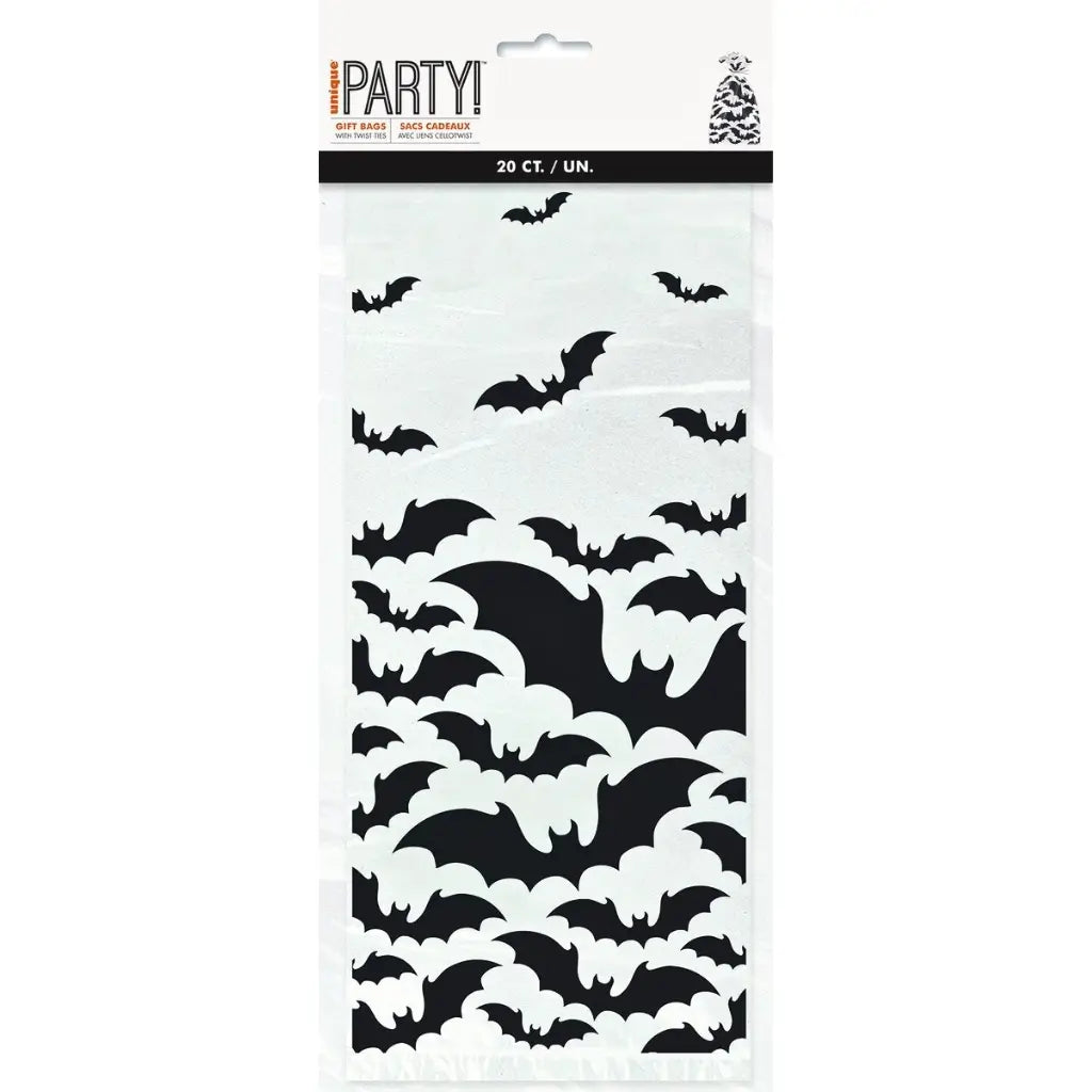 Twenty clear Halloween cello treat bags with black flying bats