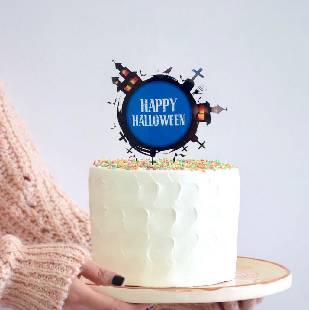 Acrylic Black & Blue Happy Halloween Graveyard Cake Topper