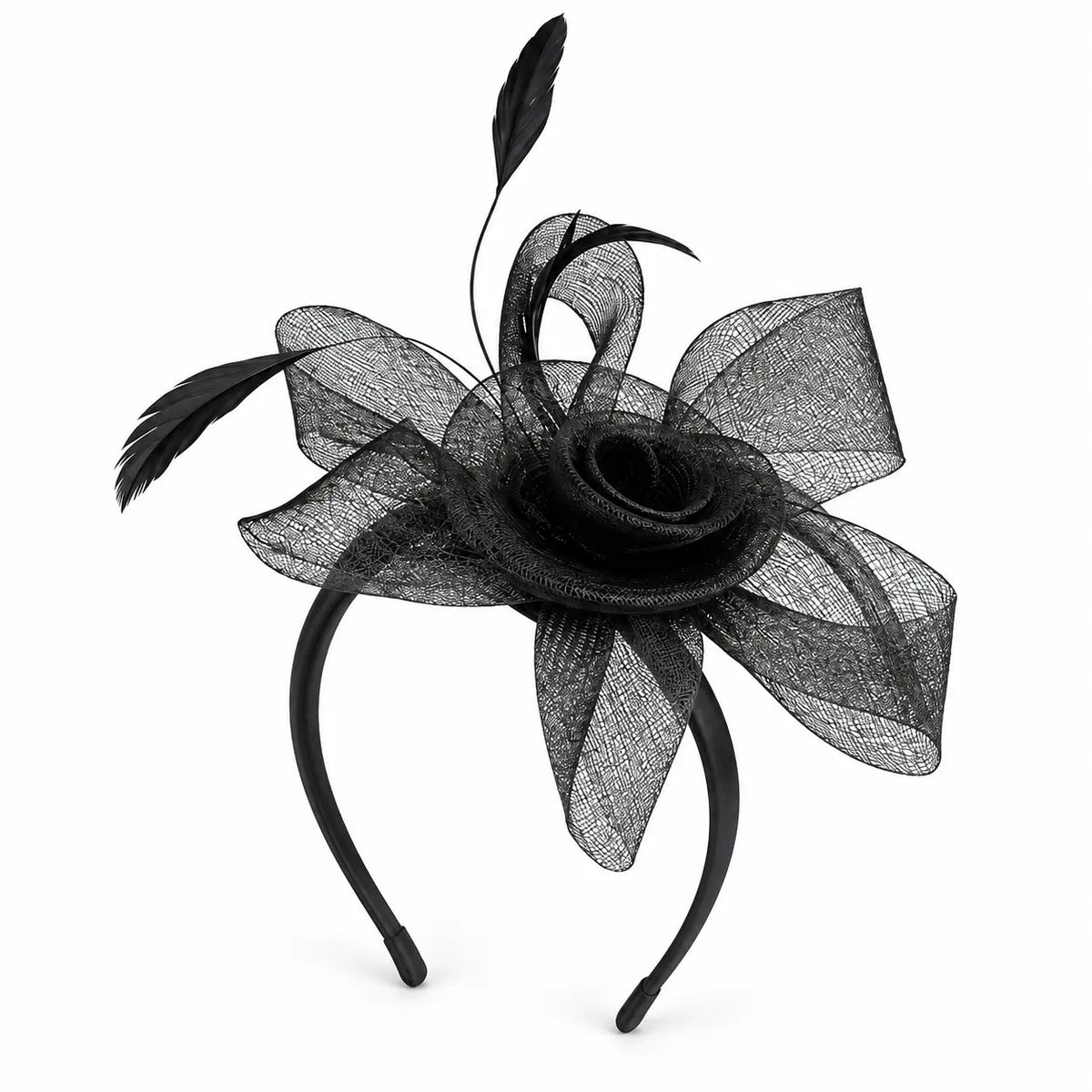 Milani black mesh rose fascinator headband with loops and feathers