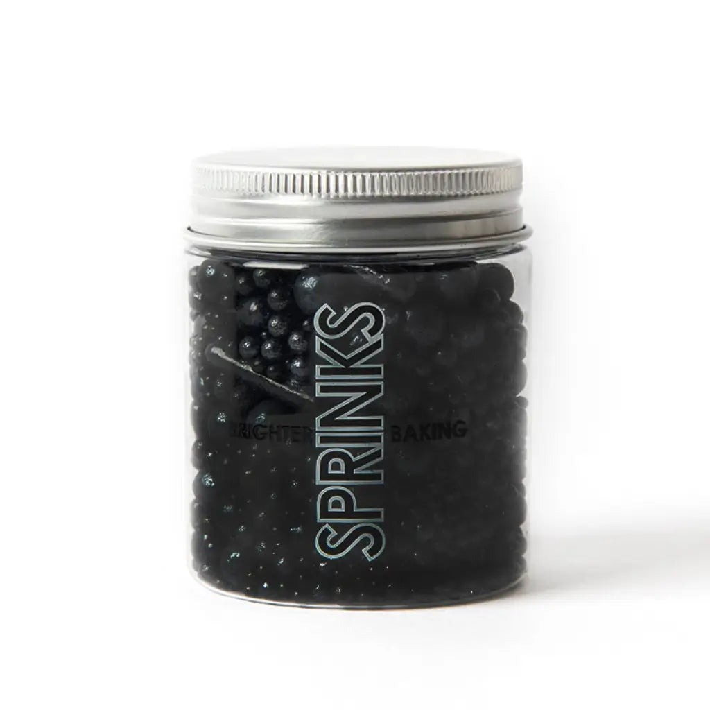 Sprinks Bubble and Bounce black sugar pearl sprinkles in a clear jar