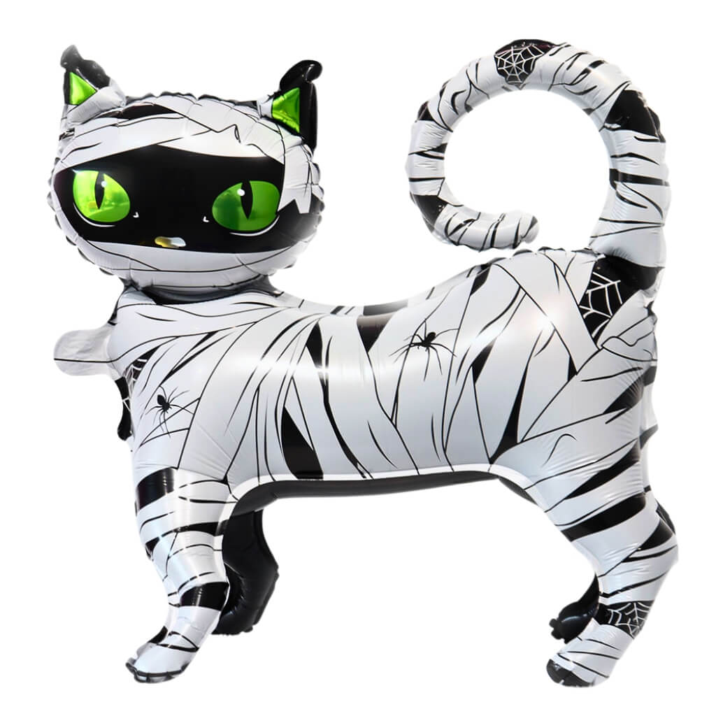 halloween black cat mummy foil balloon with green eyes