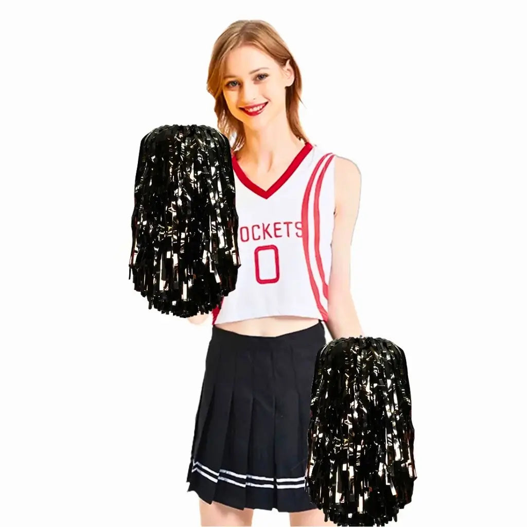 Black metallic cheerleading pom poms fluffy team spirit accessory
