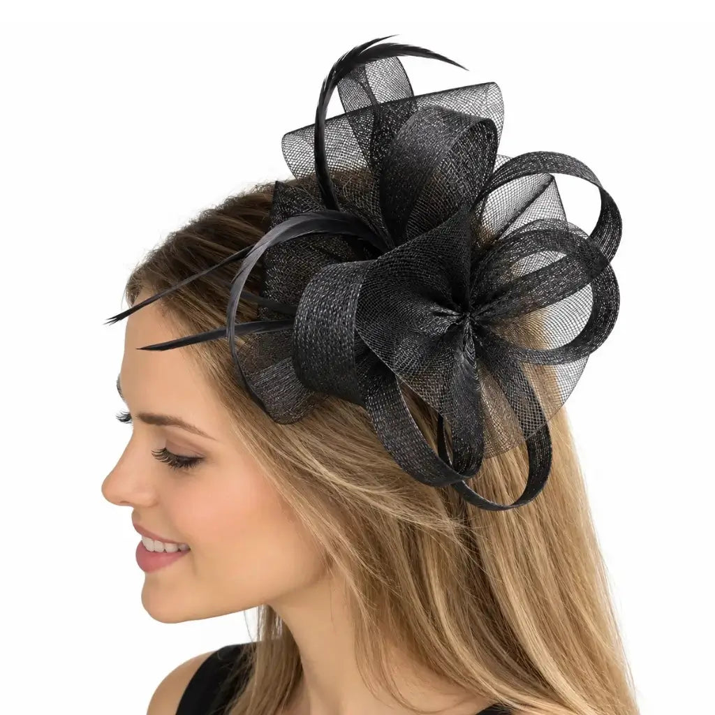 Emma black feather fascinator suited to evening race meetings