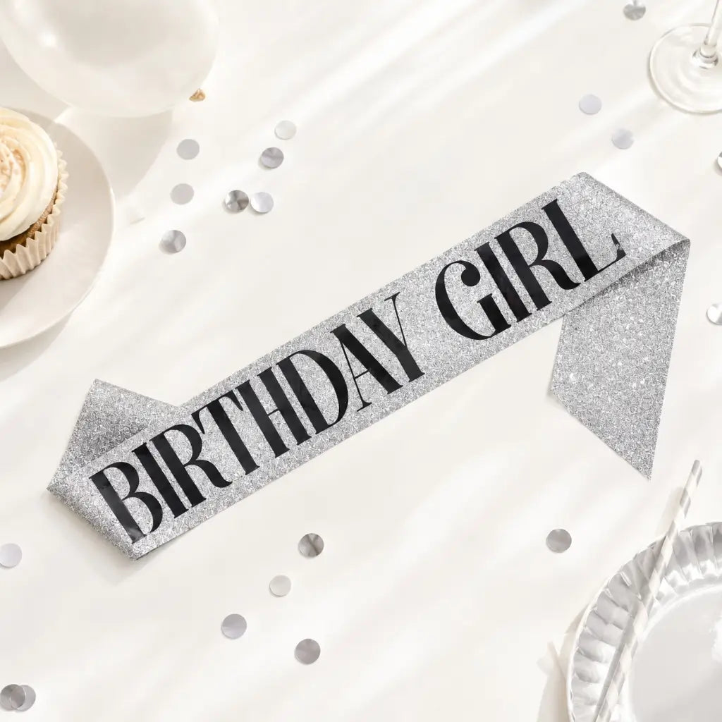 Deluxe Glitter Silver BIRTHDAY GIRL Party Sash - Black Foil Print