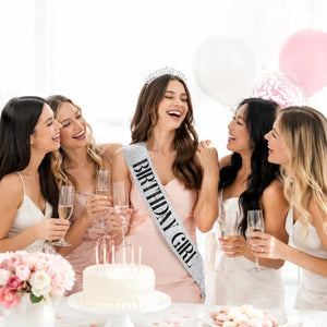 Deluxe Glitter Silver BIRTHDAY GIRL Party Sash - Black Foil Print