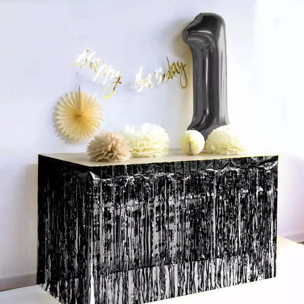 Black Foil Fringe Table Skirt